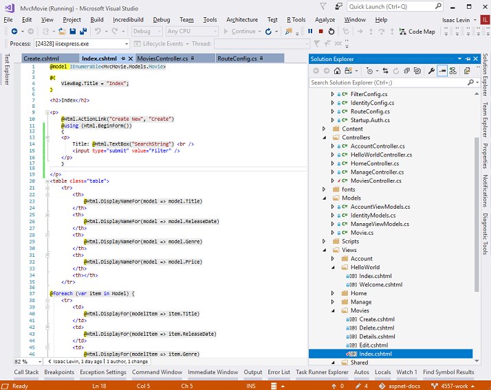 Screenshot that shows the Index dot c s h t m l tab and Solution Explorer open. In Solution Explorer, the subfolder Movies is open and Index dot c s h t m l is selected.