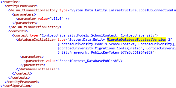 Screenshot of the code with Migrate Database To Latest Version highlighted.