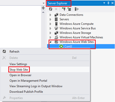 Screenshot of Server Explorer that shows The Windows Azure Website tab expanded and Con U below it selected. A dialog menu with the option Stop Web Site is highlighted. 