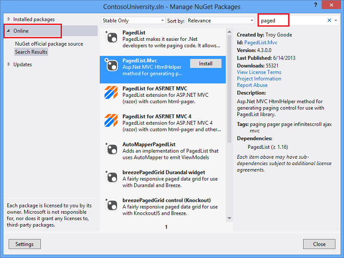 Screenshot that shows the Manage N u GET Packages dialog box. The Online tab and search bar filled with the word paged are highlighted. The Paged List package is selected.
