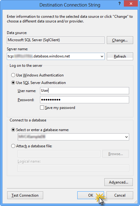 Configuring destination connection string