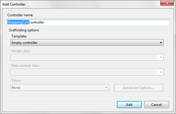 Screenshot of the Add Controller window with Shopping Cart Controller in the Controller name field and highlighted in blue.