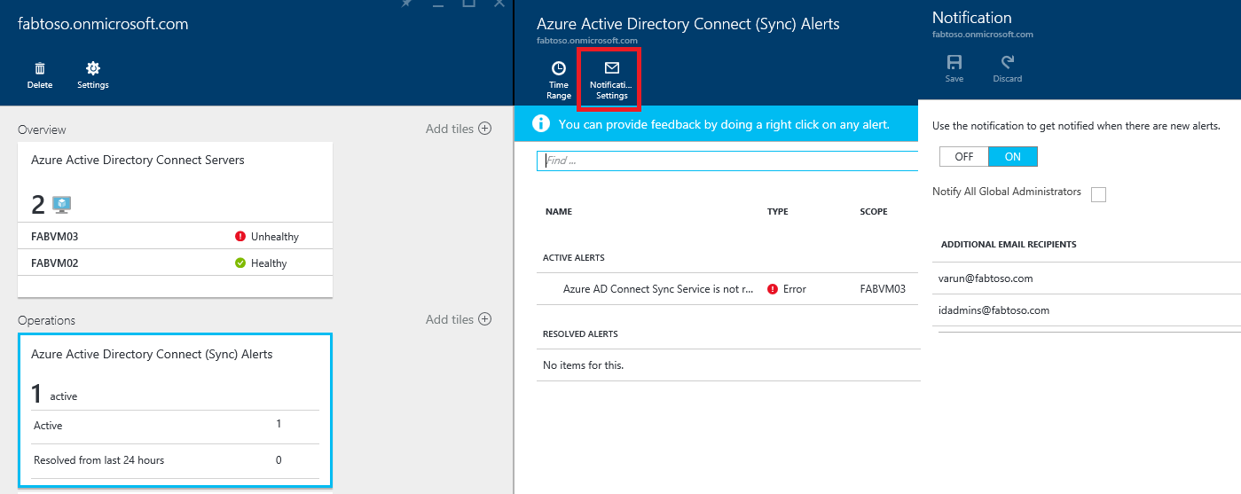 Screenshot of Azure AD Connect Health email notification settings