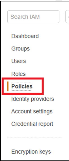 Screenshot of IAM section, with Policies highlighted