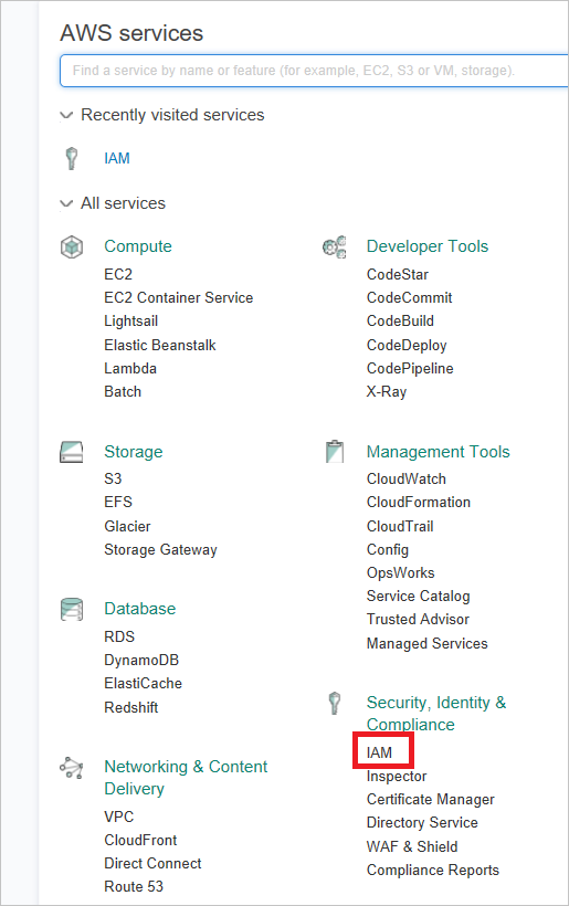 Screenshot of AWS services page, with IAM highlighted