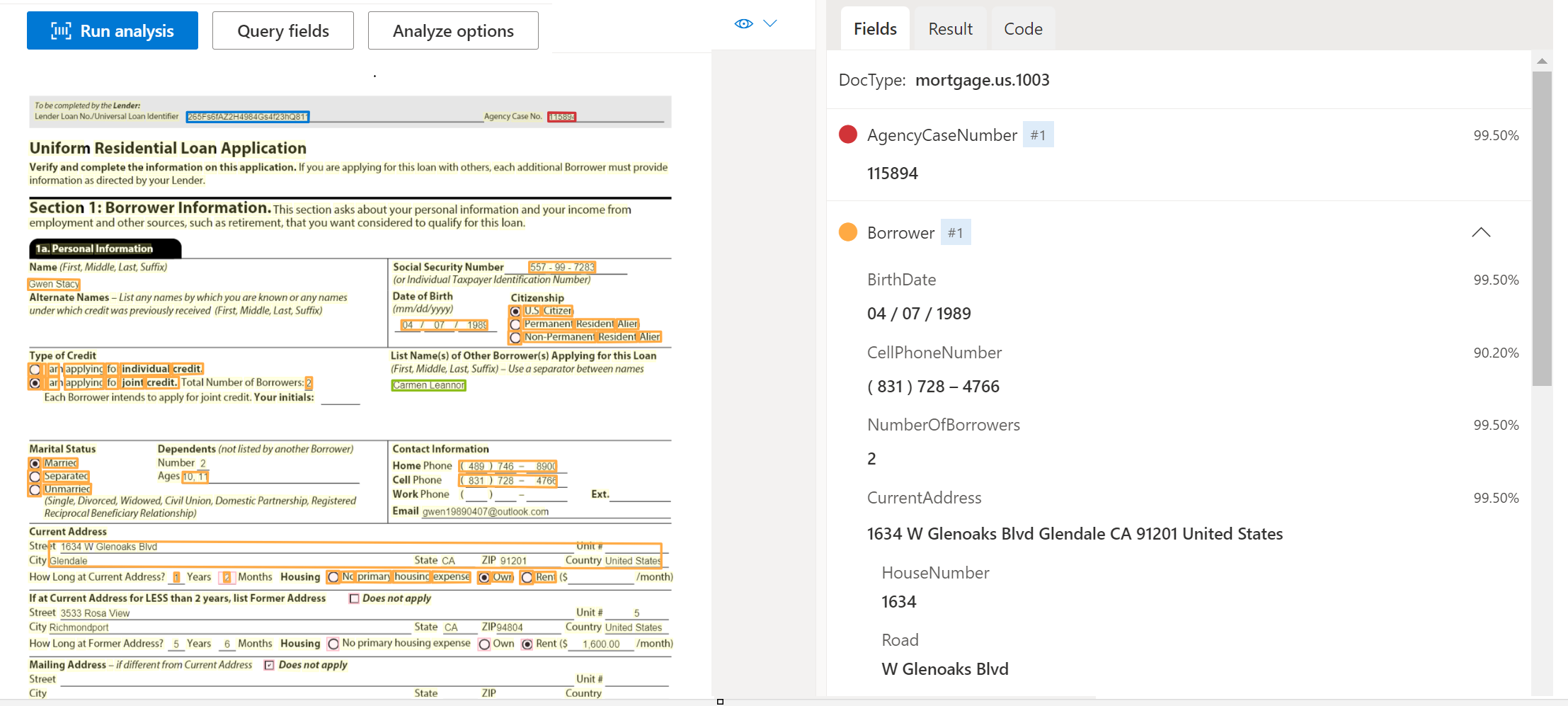 Screenshot of US Mortgage 1008 document model analysis using Document Intelligence Studio.