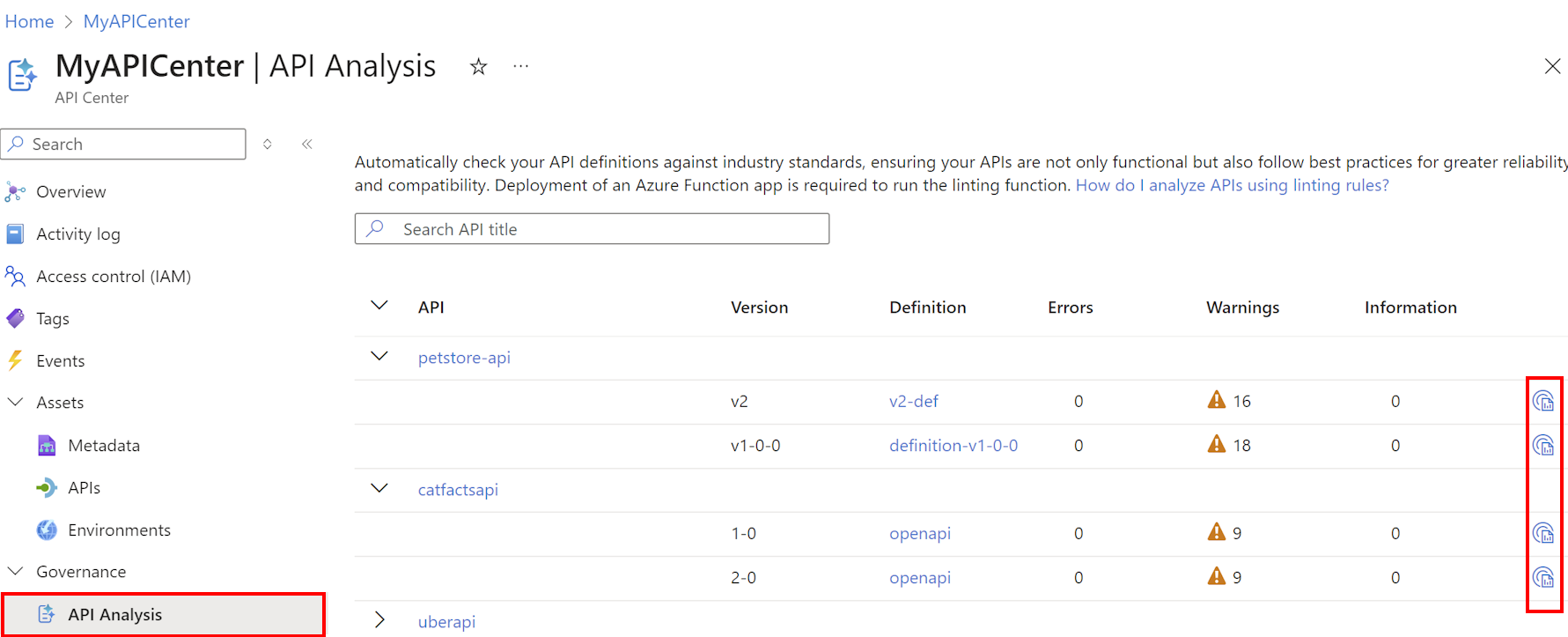 Screenshot of the API analysis summary in the portal.