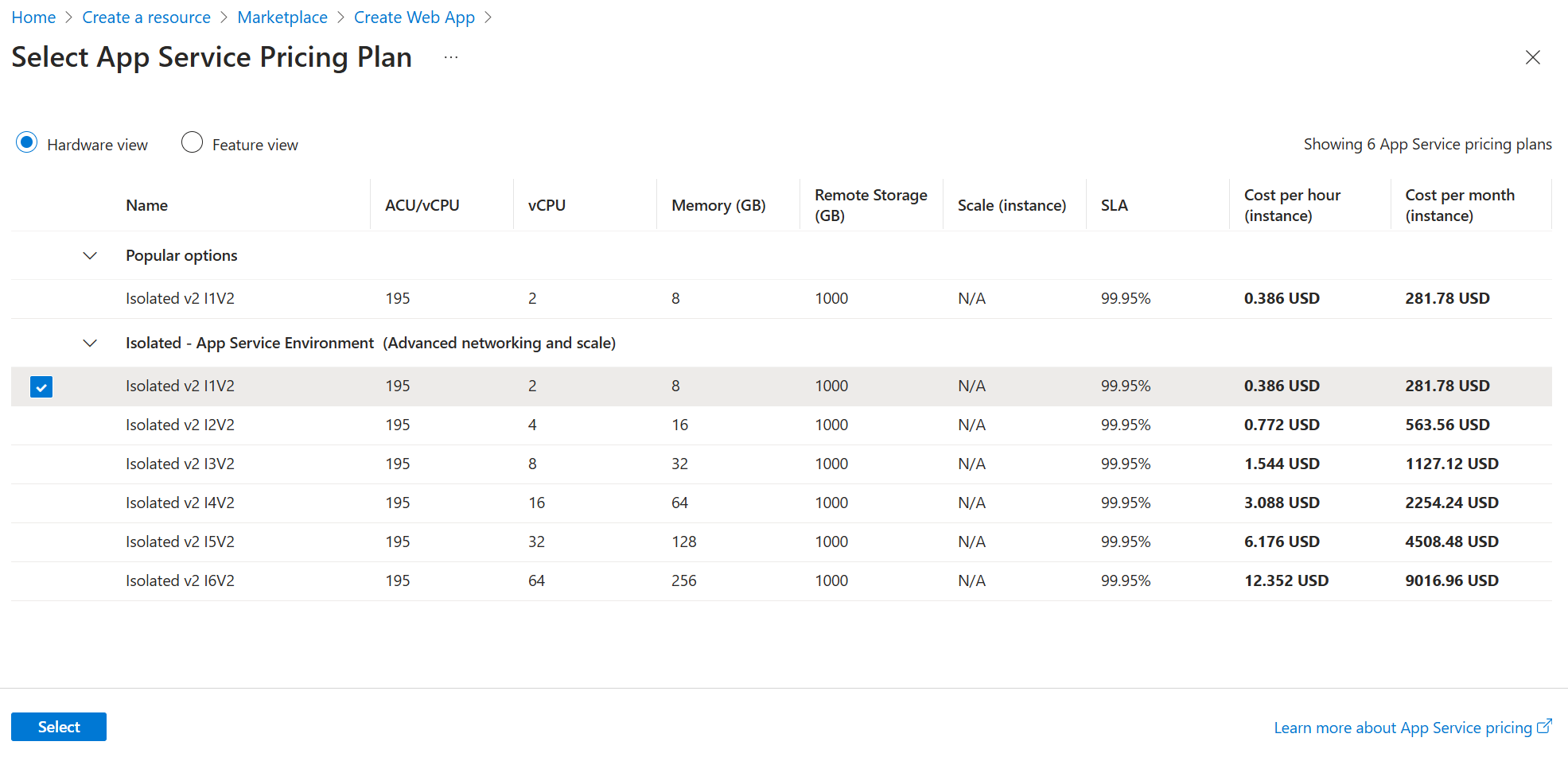 Screenshot that shows pricing tiers and their features and hardware.