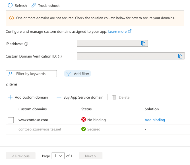 A screenshot showing the custom domains page with the new secured custom domain.