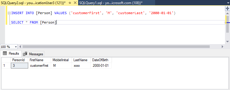 Screenshot of SQL Server Management Studio (SSMS) showing a simple `INSERT` and `SELECT` statement. The `SELECT` statement displays masked data in the LastName column.