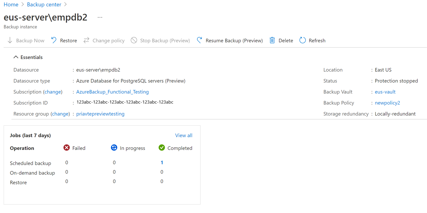 Screenshot that shows details for a backup instance and the Resume Backup button.