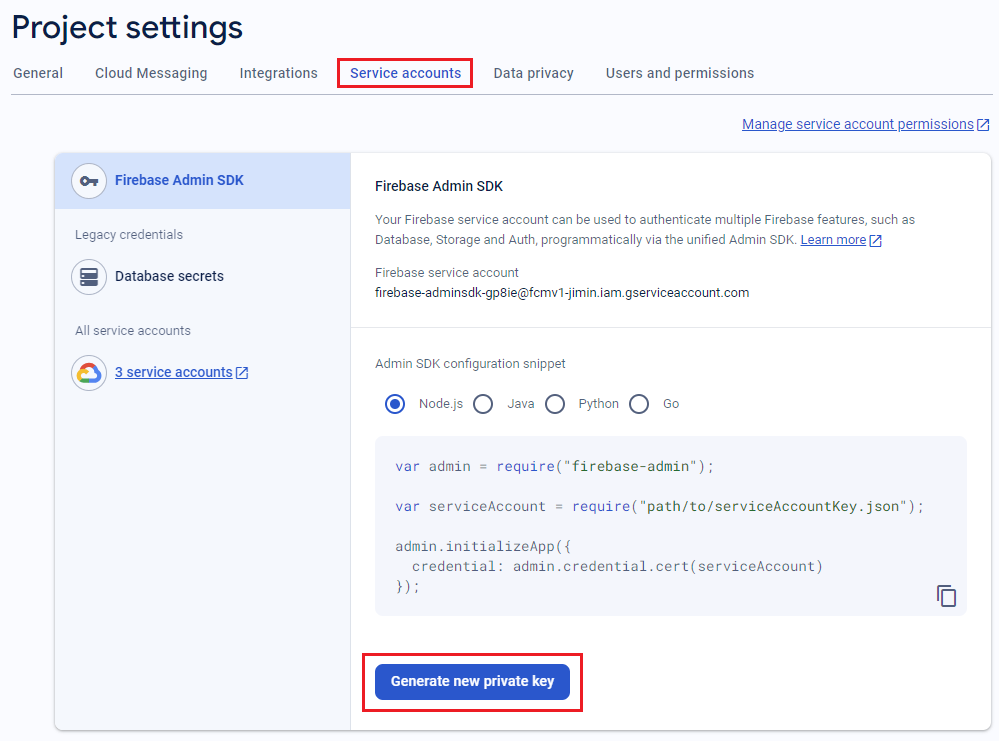 Screenshot of how to generate new private key for FMC v1 in Firebase console.