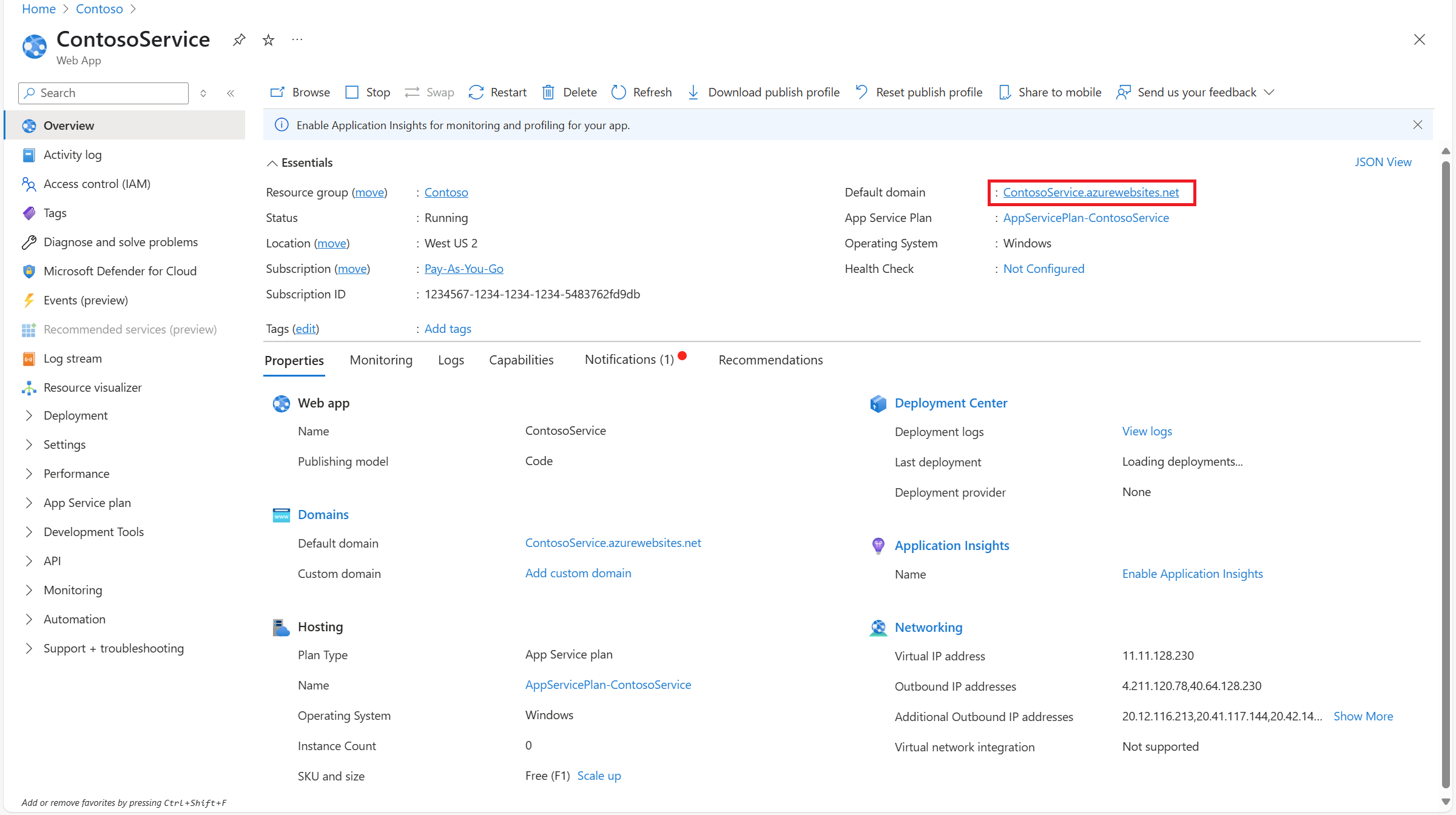 Screenshot of final view of azure app service.