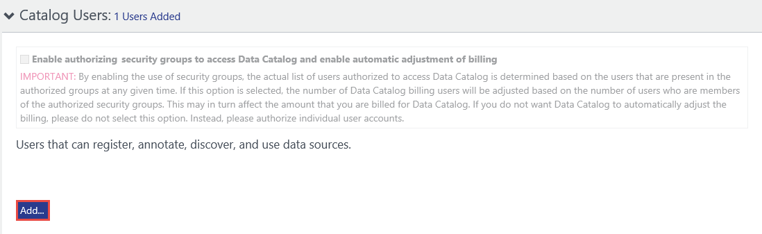 Catalog users expanded and the add button highlighted.