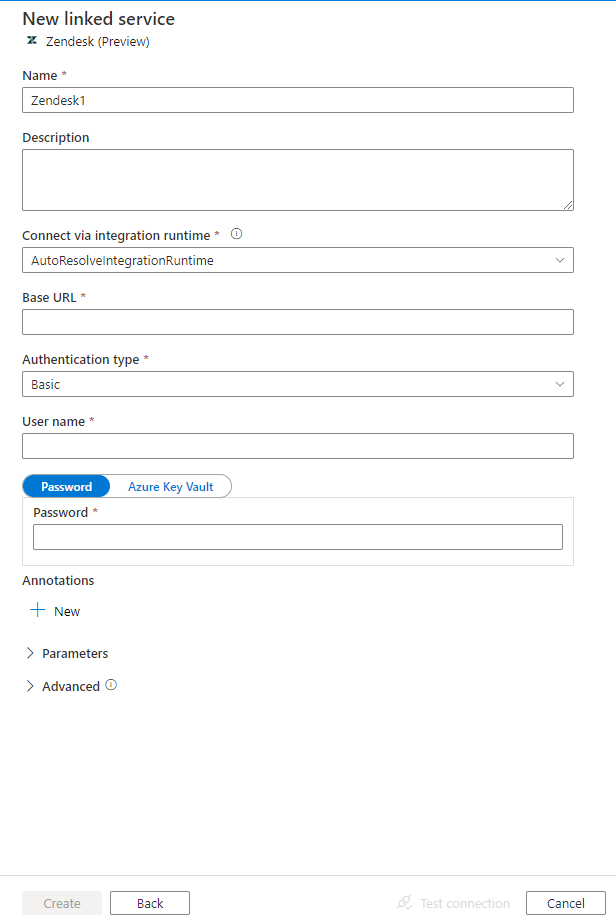 Screenshot of configuration for Zendesk linked service.