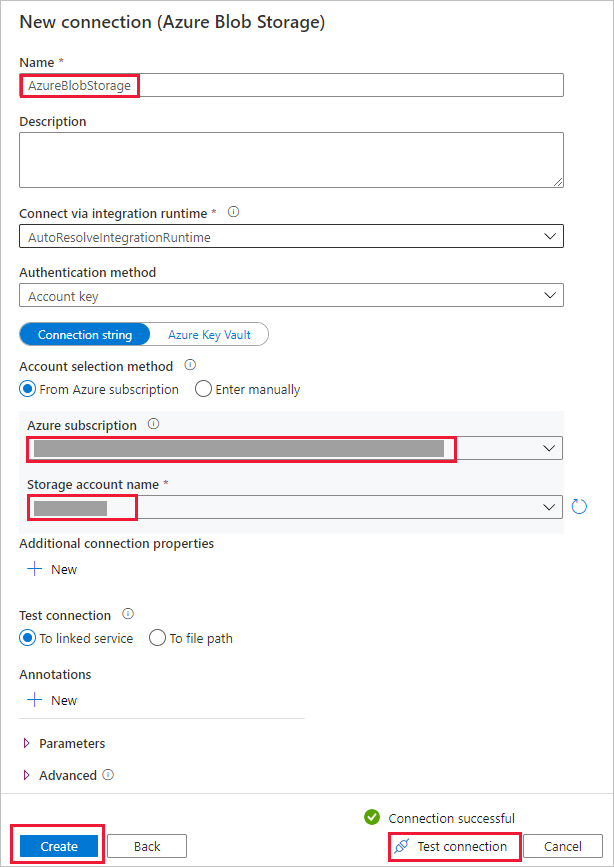 Screenshot that shows where to configure the Azure Blob storage account.