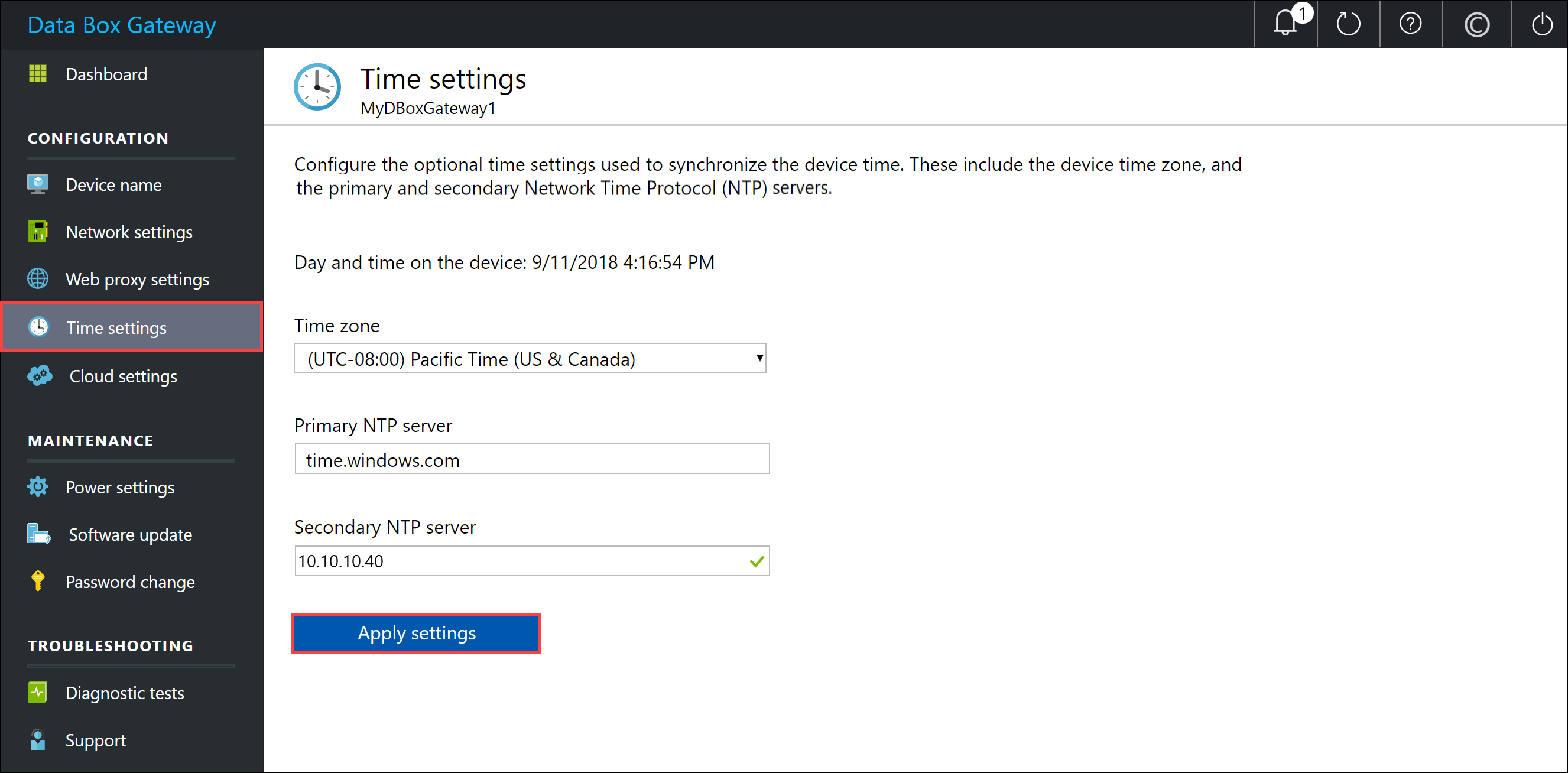 Local web UI "Time settings" page