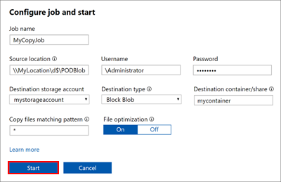 Screenshot showing the location of the Start button within the 'Configure job and start' dialog box.