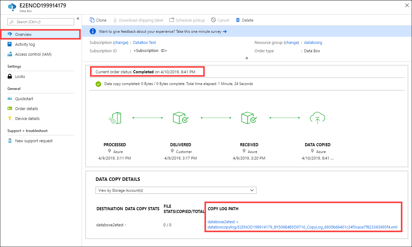 Path to copy log in Overview blade when completed