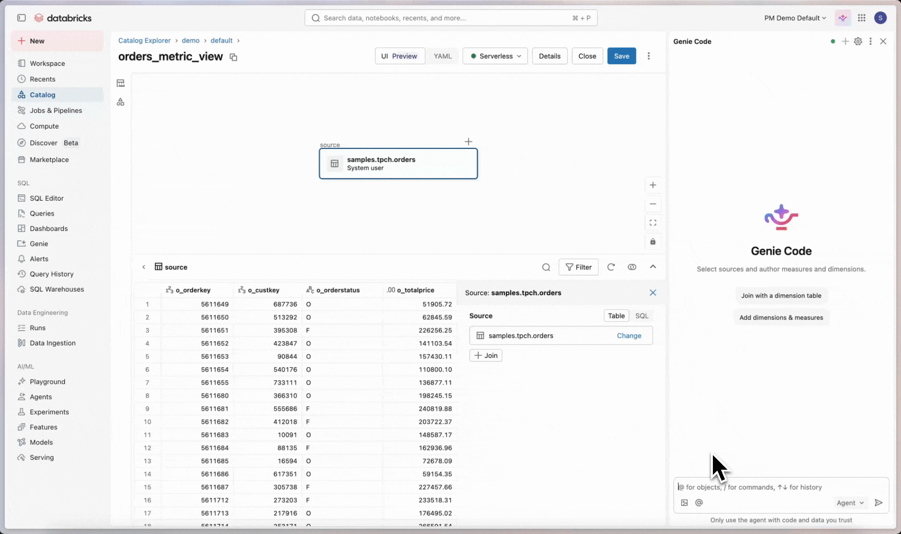 Genie Code generates a metric view definition from a natural language prompt.