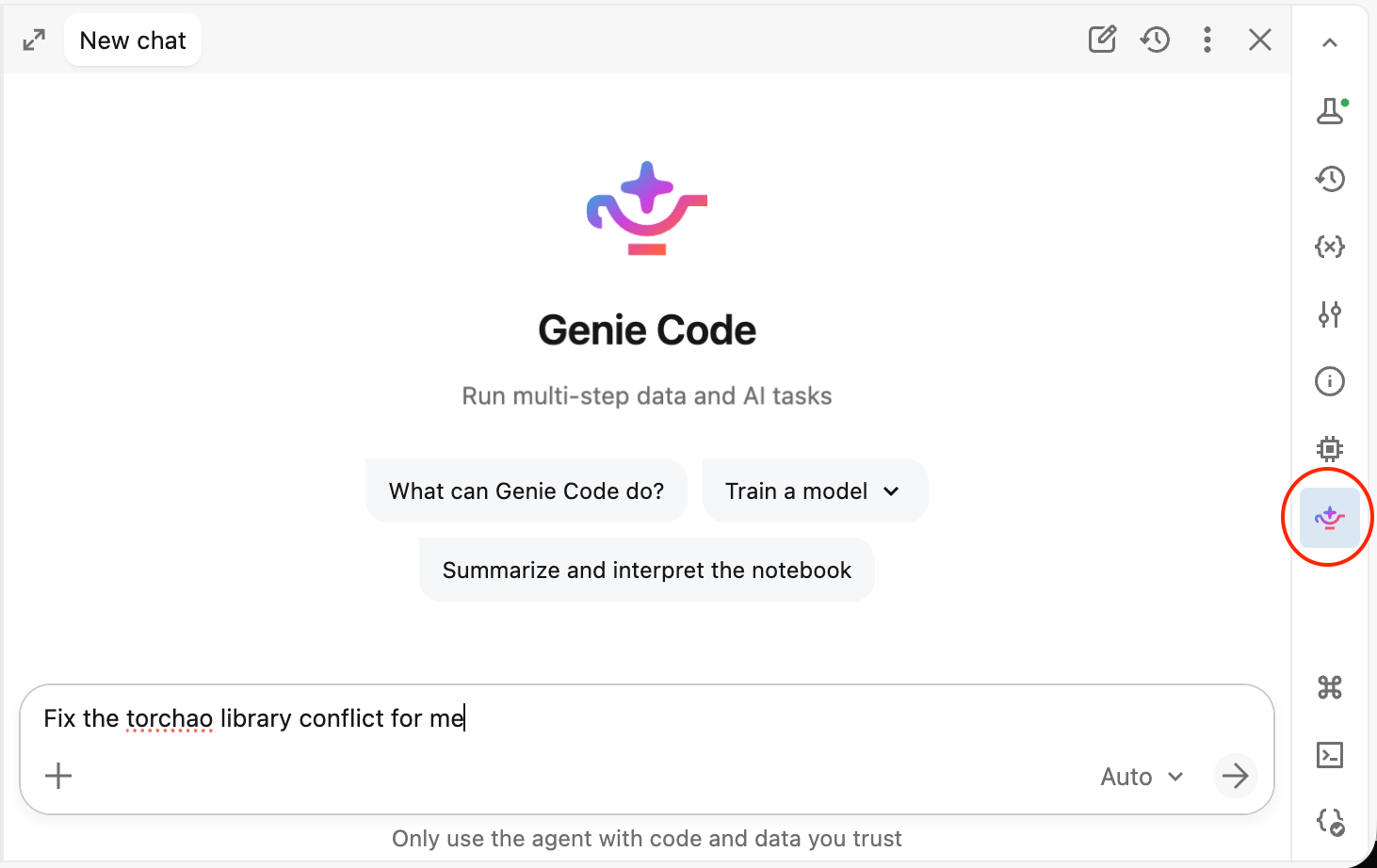 The Genie Code pane with a prompt asking the agent to fix a torchao library conflict.