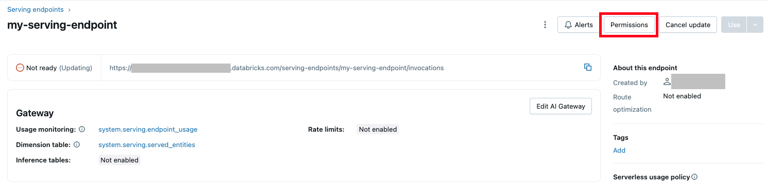 Manage permissions of a model serving endpoint using the Serving UI.