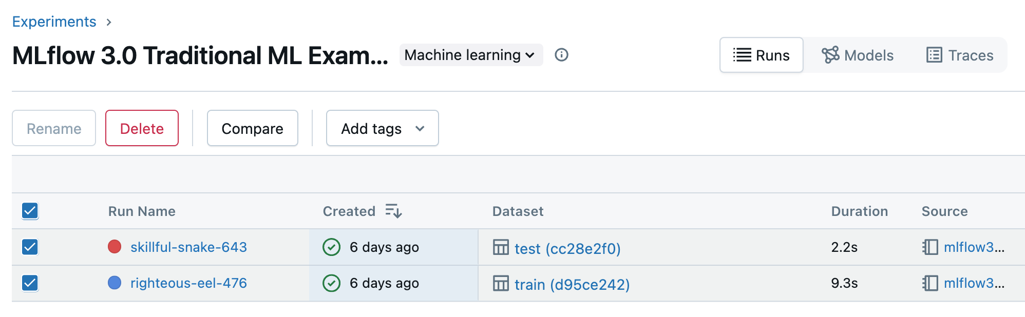Select runs to delete, compare, or add/edit tags.