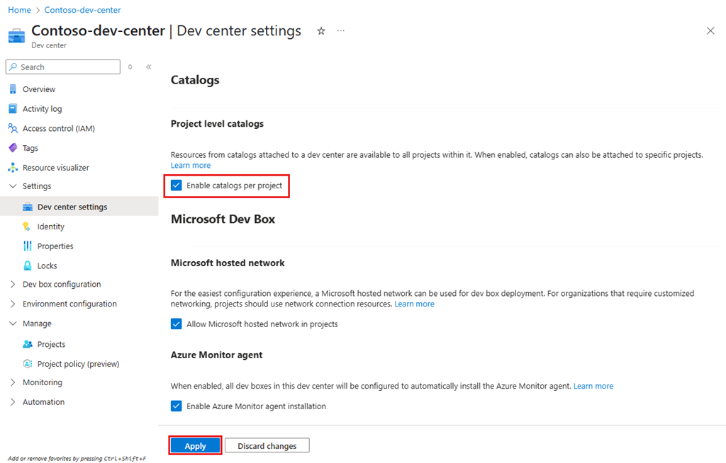 Screenshot of the Dev center settings page with the Project level catalogs pane open and the Enable catalogs per project option selected.