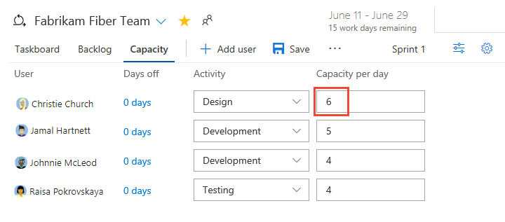 Screenshot of Set team capacity