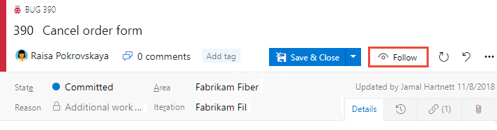 Work item form, Follow icon control