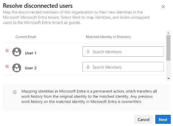 Screenshot showing Resolve disconnected users dialog.