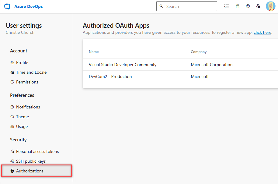 Screenshot of profile settings with Authorizations selected.