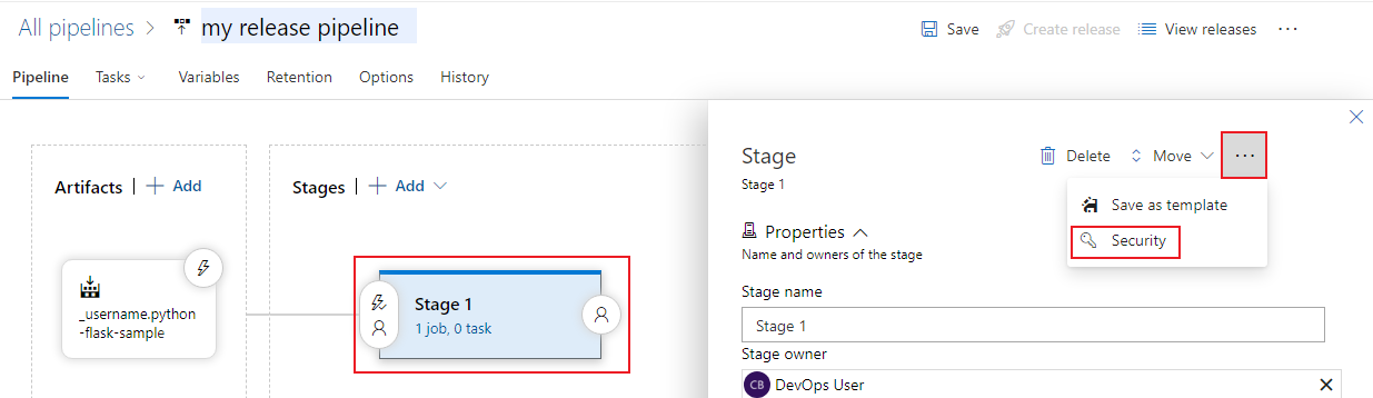 Screenshot showing release stage security navigation selections.