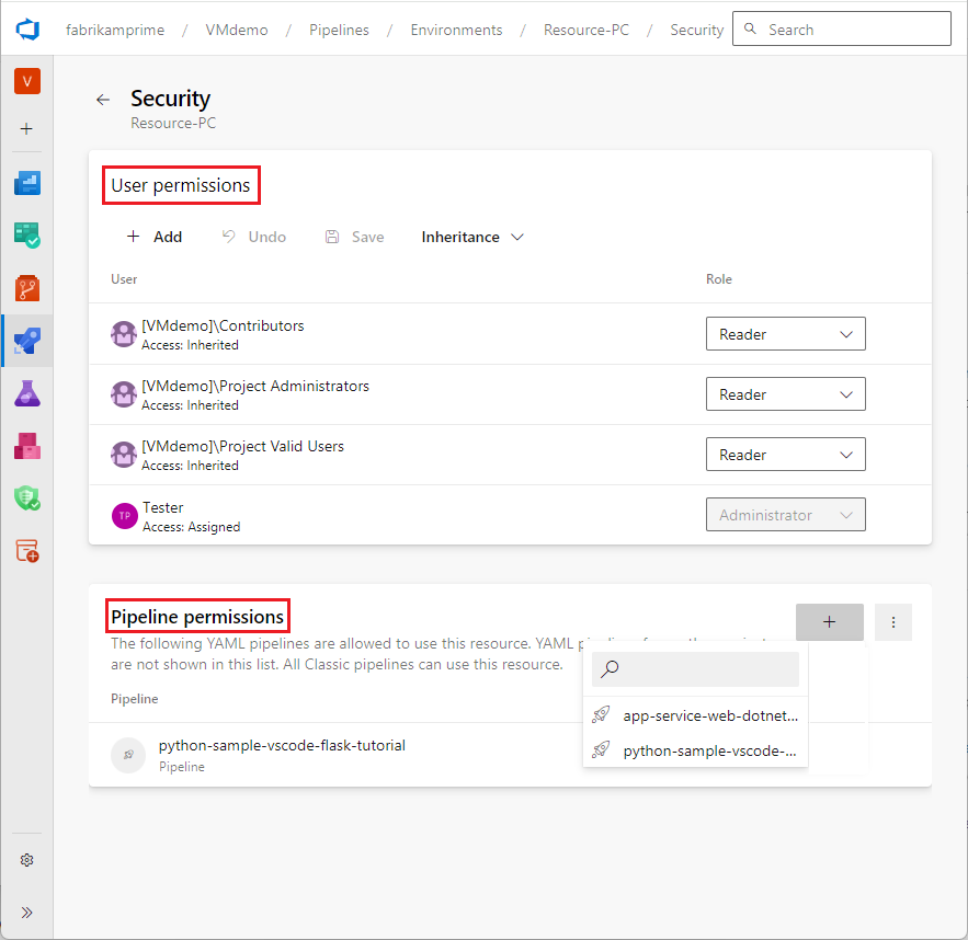 Screenshot of pipeline permissions