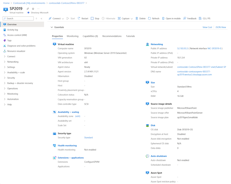 Screenshot that shows available actions for the selected environment VM.