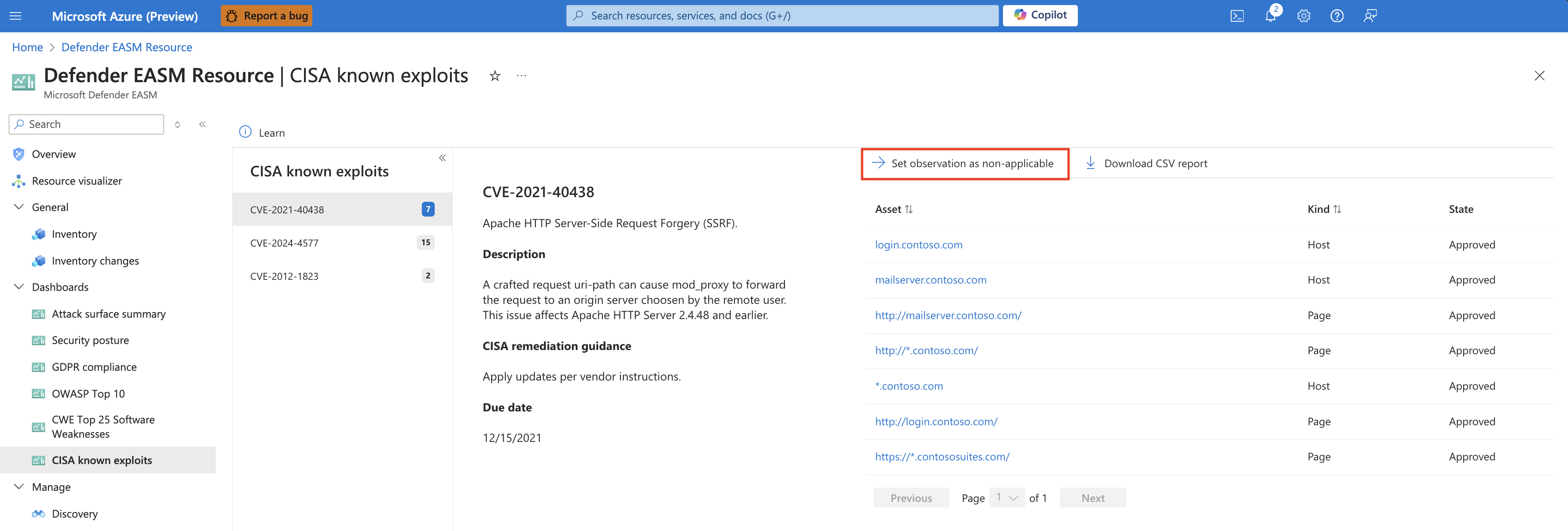 Screenshot of dashboard drill-down view with mark observation as nonapplicable button highlighted.