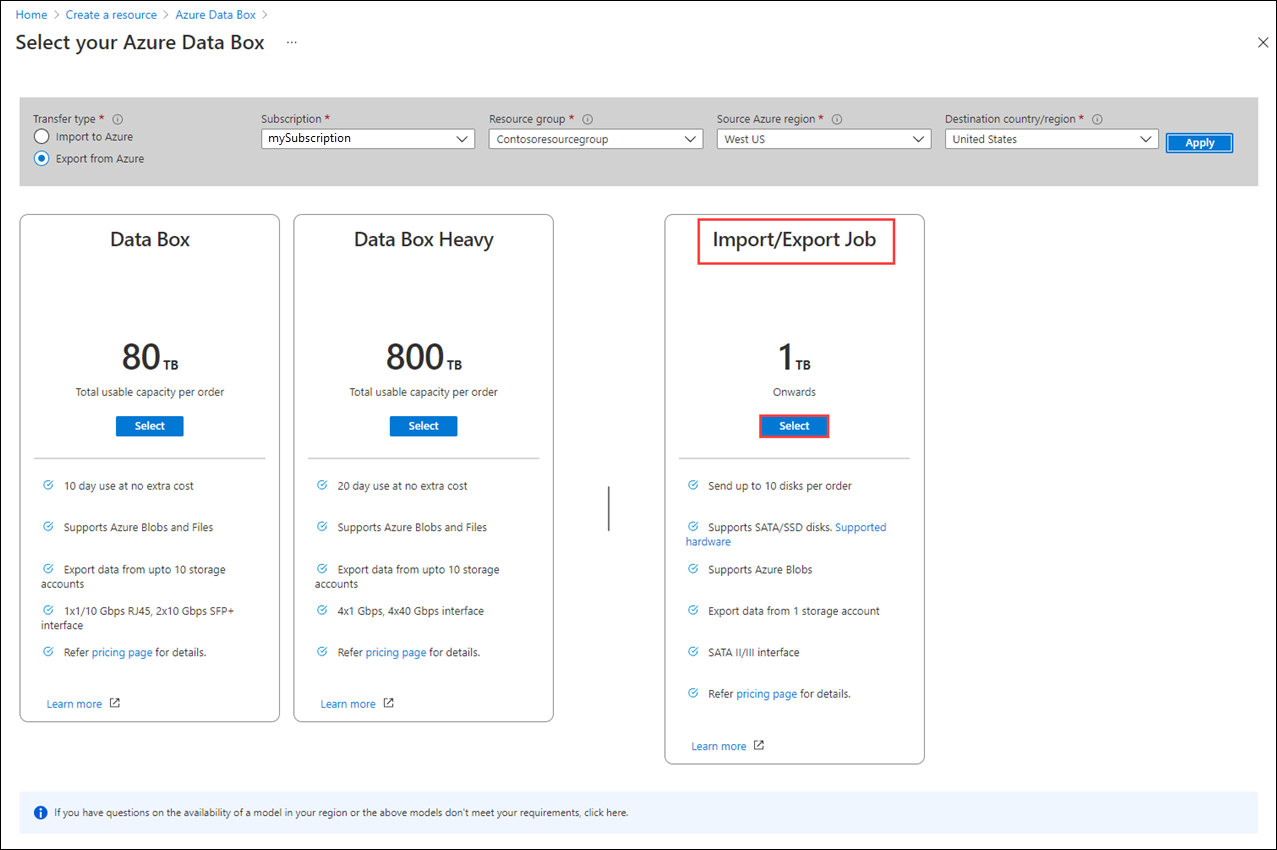 Screenshot showing product options for a new Data Box order. The Select button for Import Export Job is highlighted.