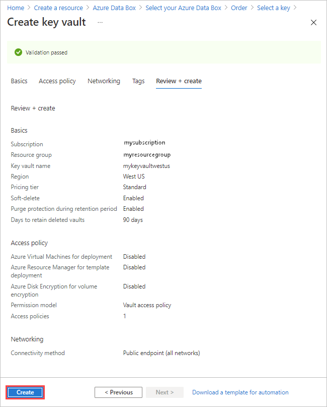Screenshot of the Review Plus Create tab of the Create Key Vault wizard for Azure. The Create button is highlighted.