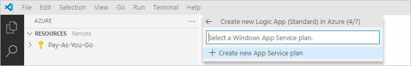 Screenshot that shows the "Logic Apps (Standard)" pane and a prompt to "Create new App Service Plan" or select an existing App Service plan.