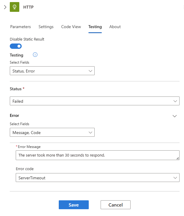 Screenshot showing the "Testing" tab after selecting "Enable Static Result".