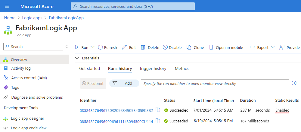 Screenshot showing the workflow run history with the "Static Results" column.