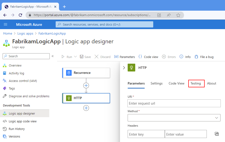 Screenshot showing the Azure portal, workflow designer, action shortcut menu, and "Testing" selected.