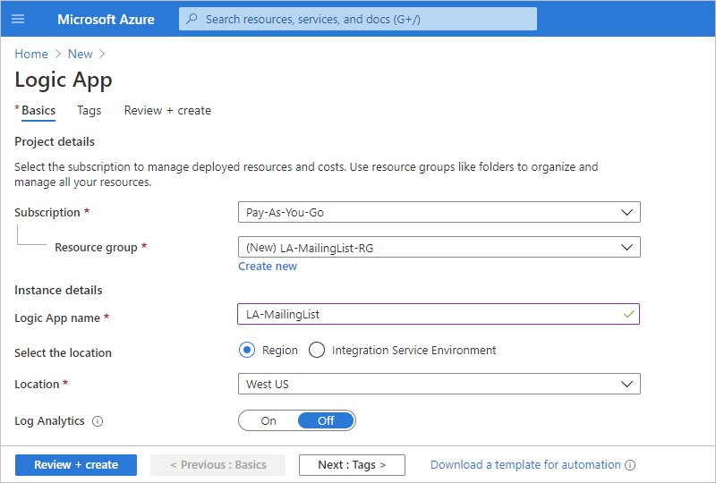 Screenshot that shows the Logic App creation pane and the info to provide for the new logic app.