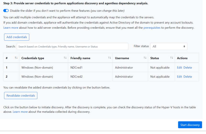 Screenshot that shows providing and validating multiple credentials.