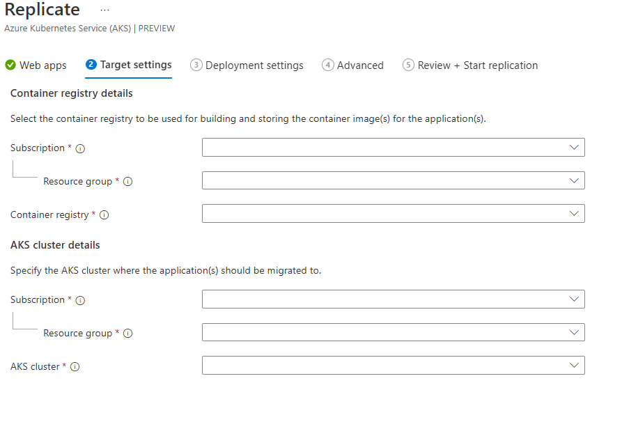 Screenshot of the Target settings tab on the Replicate tab.