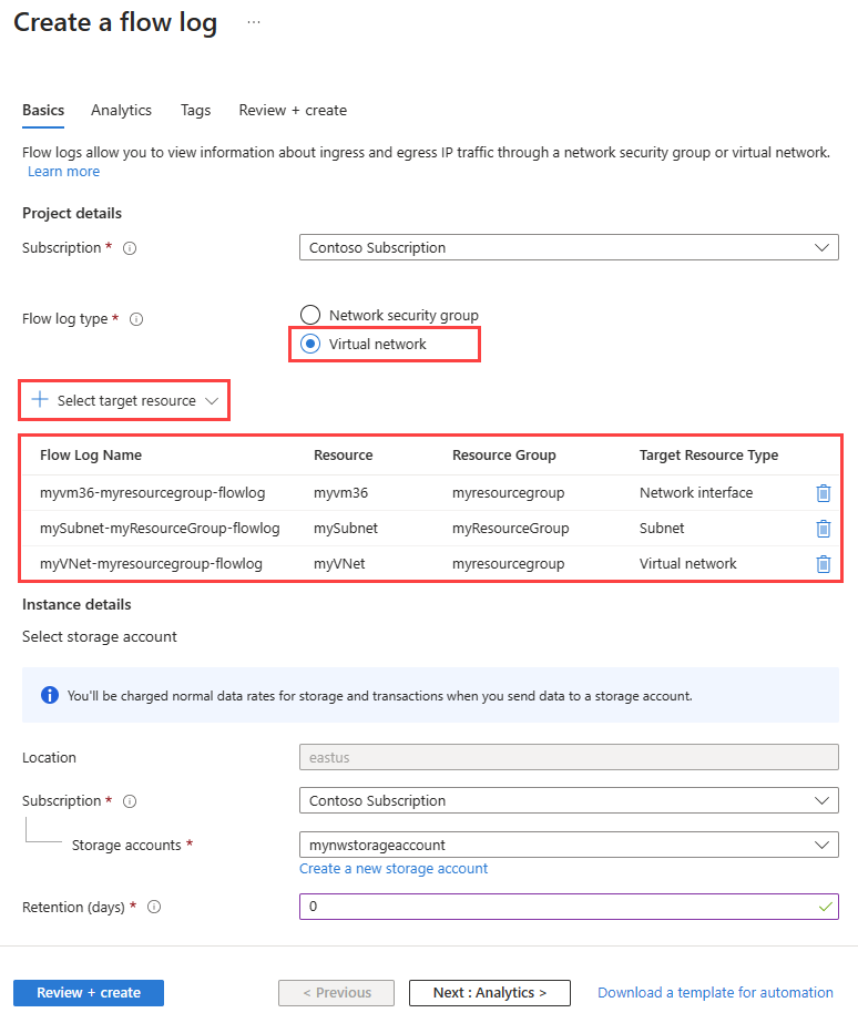 Screenshot that shows the Basics tab of creating a virtual network flow log in the Azure portal.