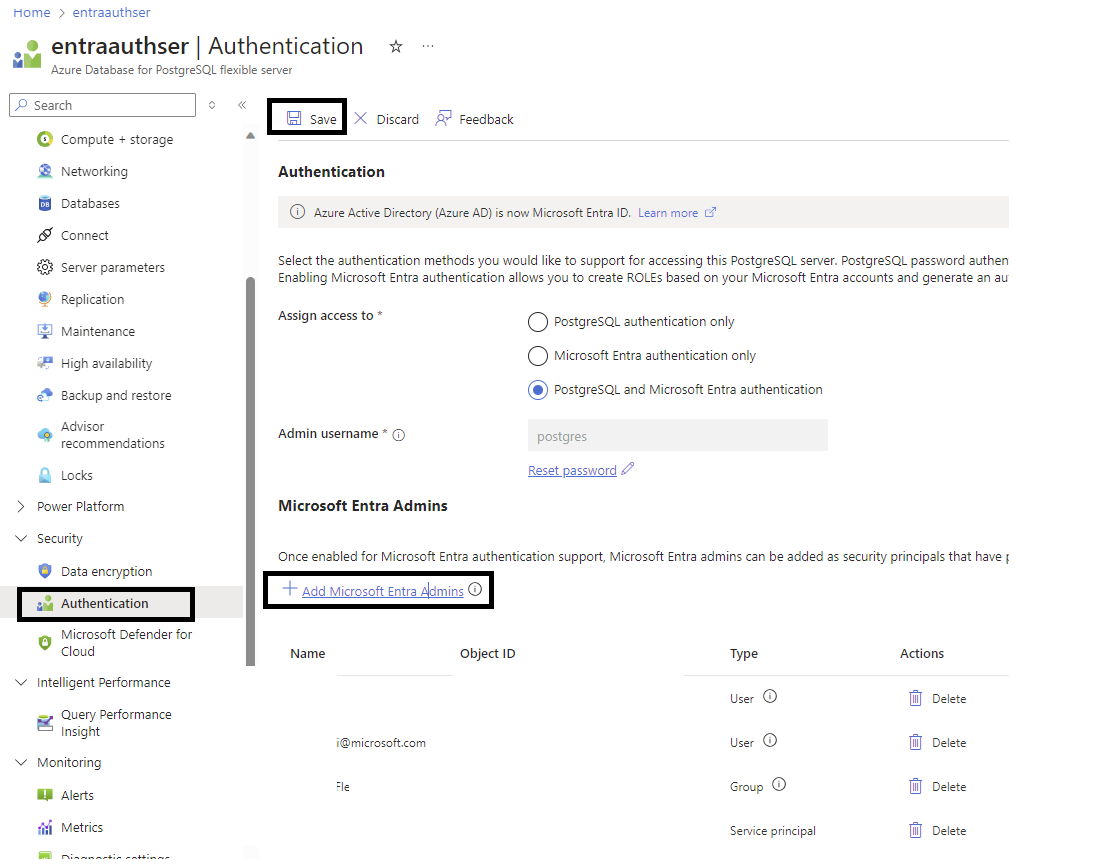 Screenshot that shows selections for setting a Microsoft Entra admin after server creation.