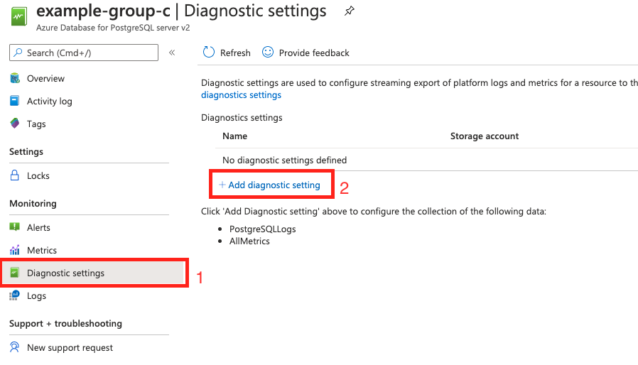 Add diagnostic settings button