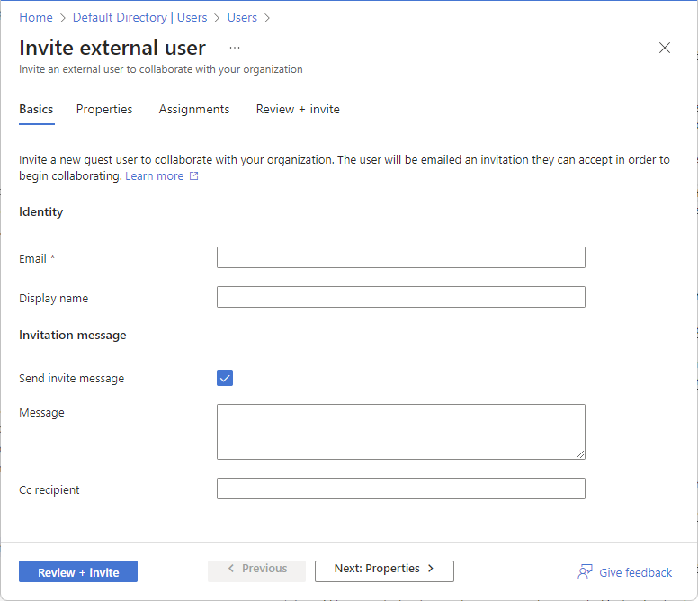Screenshot of Invite external user page in Azure portal.