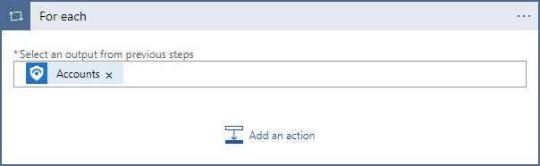 Screenshot shows how to add a for-each loop action to a playbook in order to perform an action on each discovered account.